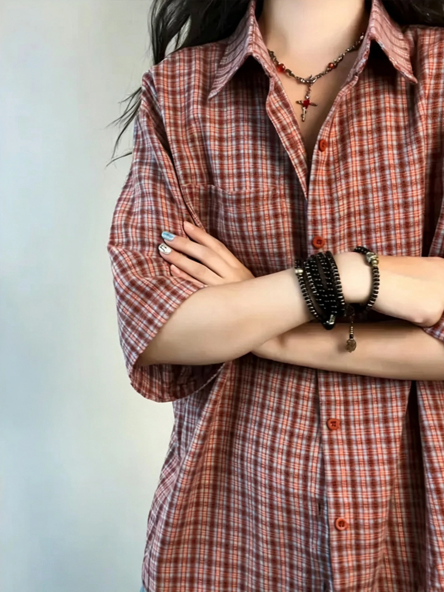 Vintage Plaid Short Sleeve Men's Shirt Summer Design Sensation Sun Protection Turn-down Collar American Retro Half Sleeve