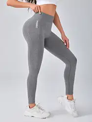 Letter Pattern Seamless Fitness Yoga Pants, High Stretch Breathable Sports Running Training Leggings, Women's Activewear