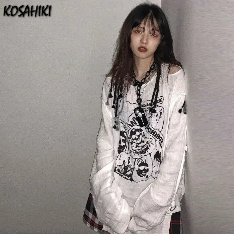 KOSAHIKI Y2k Grunge Tea Shirts Femme Gothic Skull Print Loose T Shirt Women Off Shoulder Long Sleeve Japanese Harajuku Tops 2024