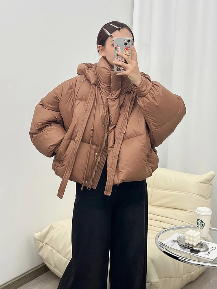 Korean style Lace up short down jacket for women 2023 Fall winter Oversized Hooded puffer coat Fluffy Solid Clothing INKEO 3O179