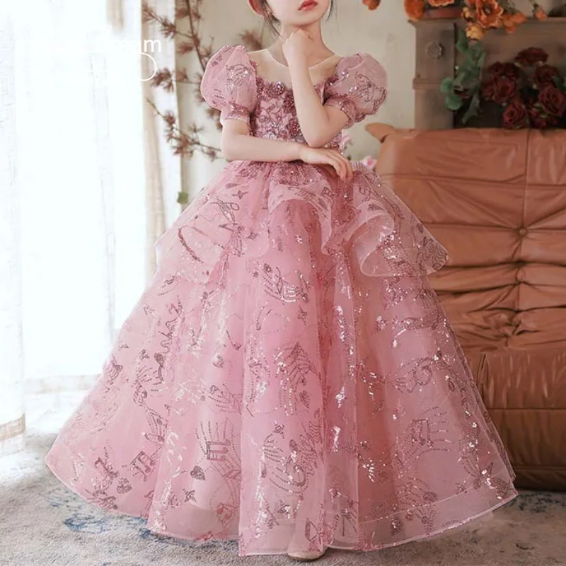 Customized Sequin Elegant Puff Sleeve Flower Girls Ball Gown Princess Dress O-neck Sweet Kids Birthday Party Dress Perform Banqu