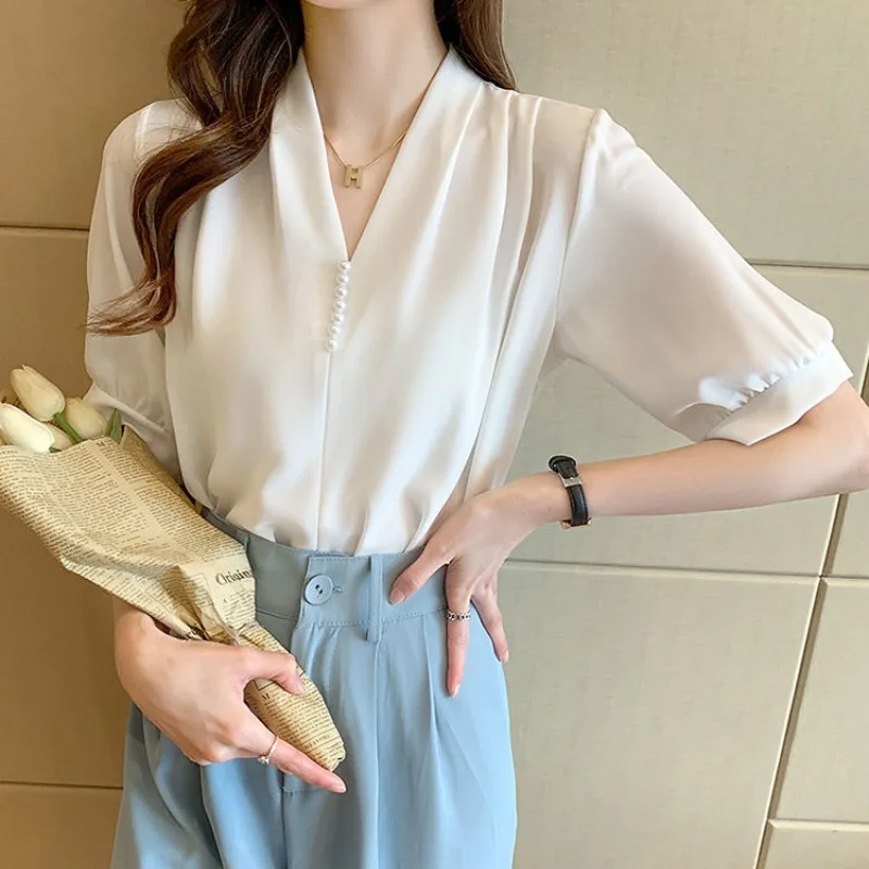 V-neck Blouses Women Minimalist Temper Korean Fashion Elegant Office Lady Pure Aesthetic Designer Gentle Summer Vintage Clothing