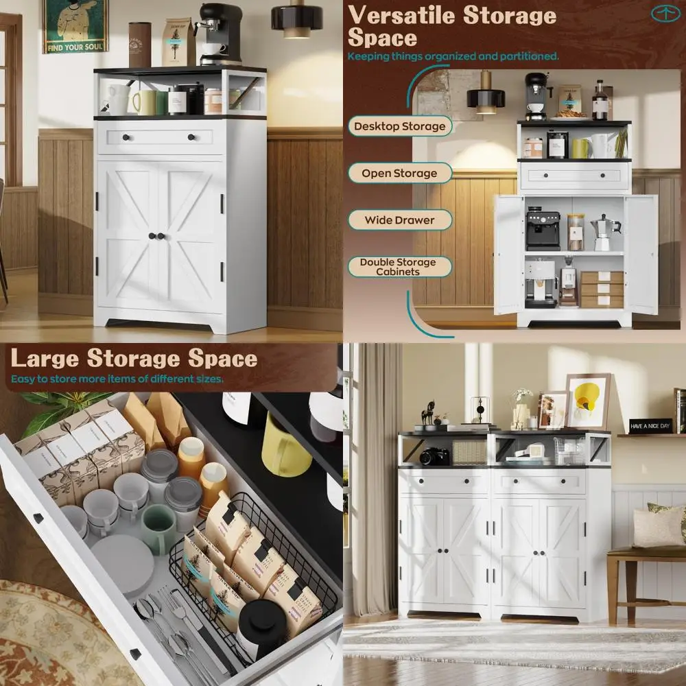 

Large Capacity White Metal Farmhouse Kitchen Storage Cabinet with Magnetic Doors and Adjustable Shelves
