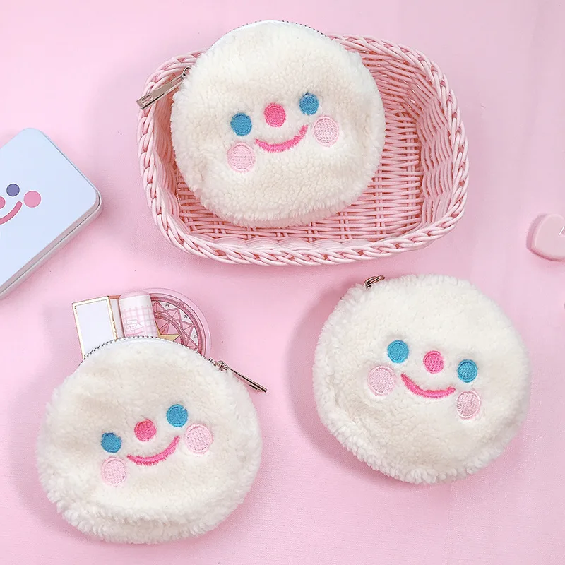 2023 Hot Cute Cartoon Clouds Smiley Crossbody Coin Purse Embroidered Lambswool Coin Key Bag Wallet Plush Cosmetic Storage Bag