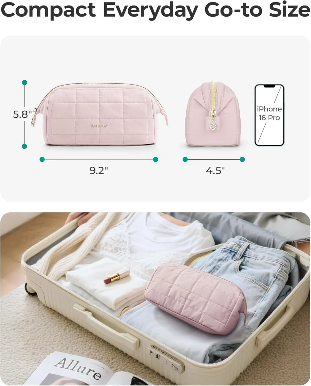 Puffy Makeup Bag Travel Toiletry Organizer, Wide-open Pouch for Cosmetics & Brushes, Pink view 6