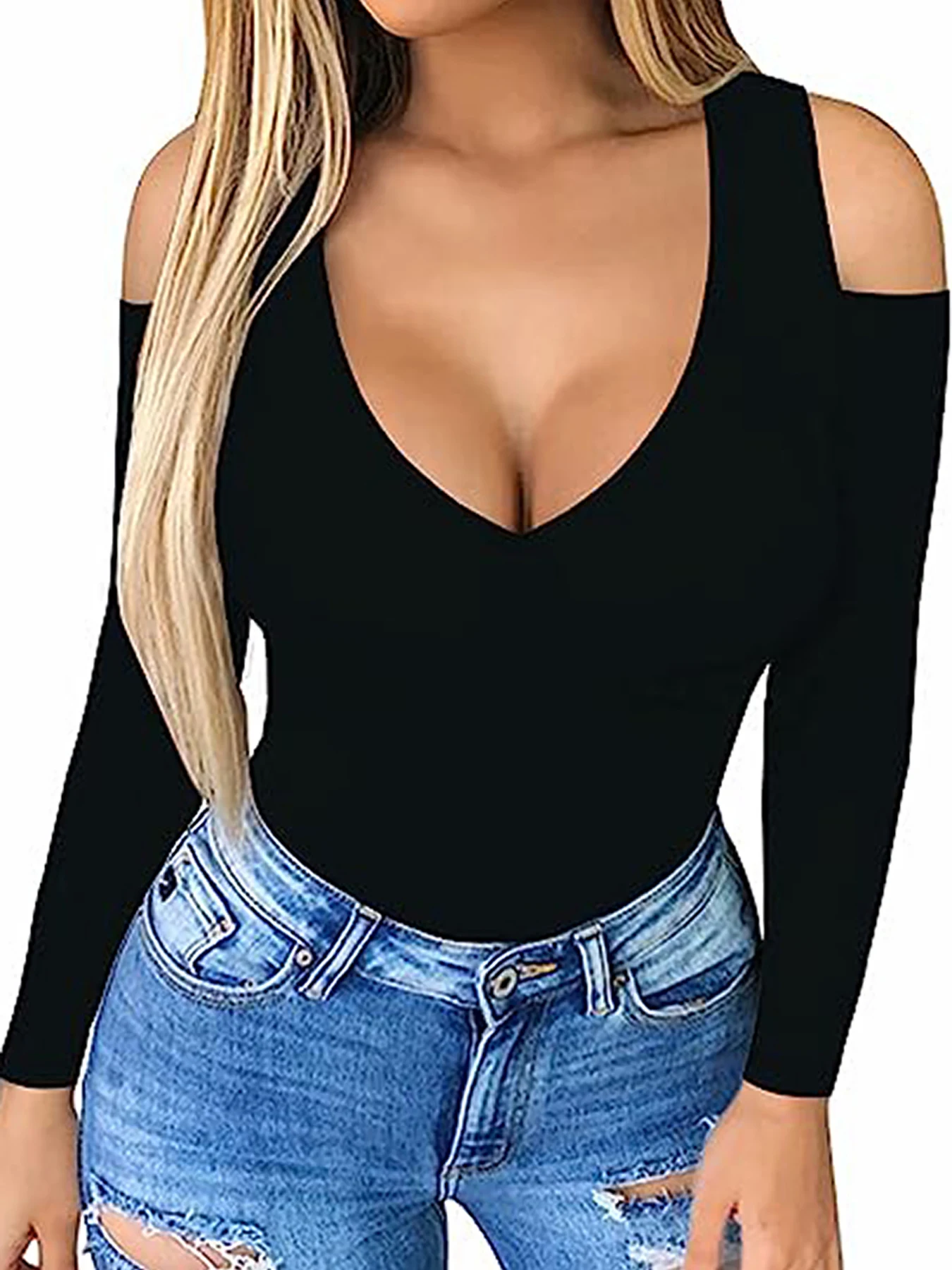 Fashionable and Sexy Slim V Neck Off-Shoulder Women's T-Shirt Top