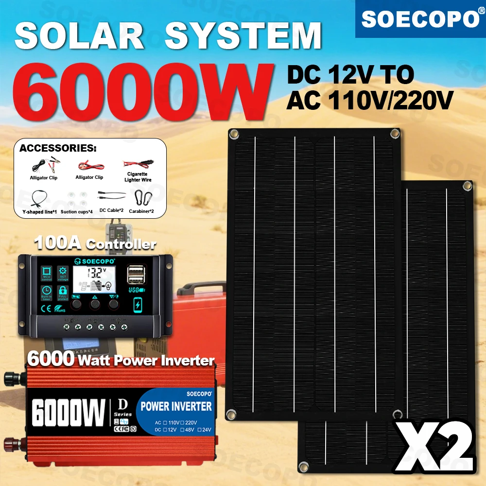 

SOECOPO 6000W Solar System Kit with 2x600W Panels DC 12V to AC 110V/220V Inverter 100A Controller Complete Off-Grid for Camping