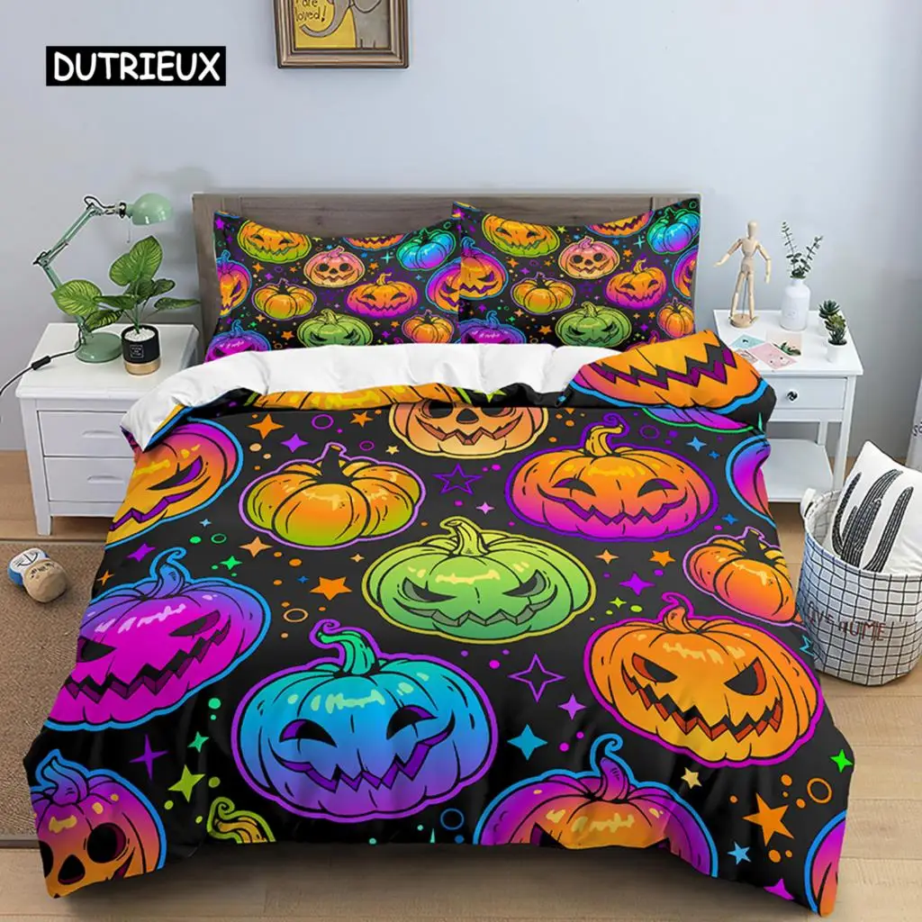 

Neon Color Duvet Cover Set King Rainbow Gradient Pumpkin Bedding Set Microfiber Quilt Cover Halloween Theme Twin Comforter Cover