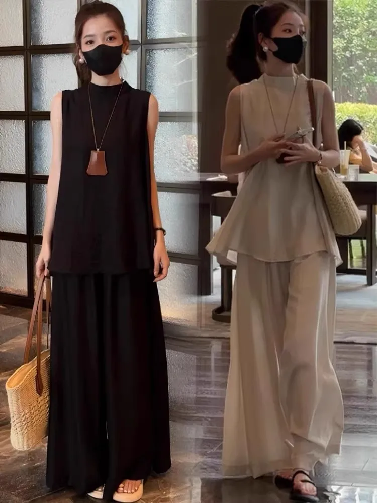 

Модный летний наряд, женские утягивающие шифоновые широкие брюки, комплект из двух предметов, молодежный вид, воротник-стойка