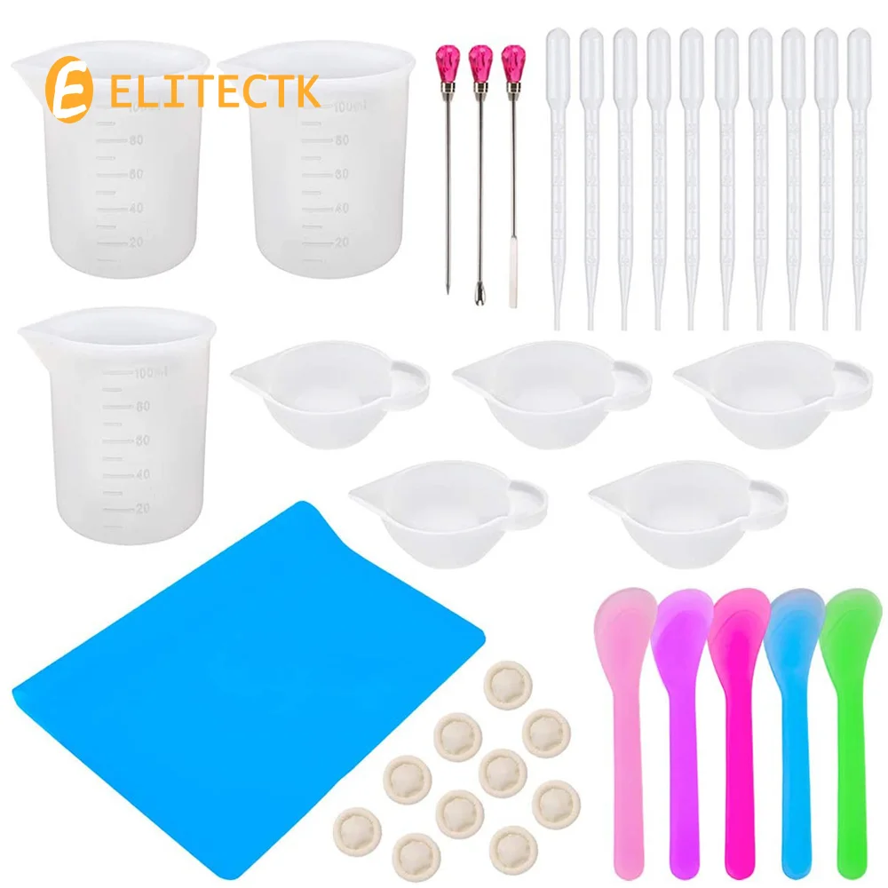 37PCS Glue Tool Kit Silicone Pad Measuring Cup Stirrer for DIY Tools Kits Stirring Stick Straw Disposable Spoon For Resin Mold