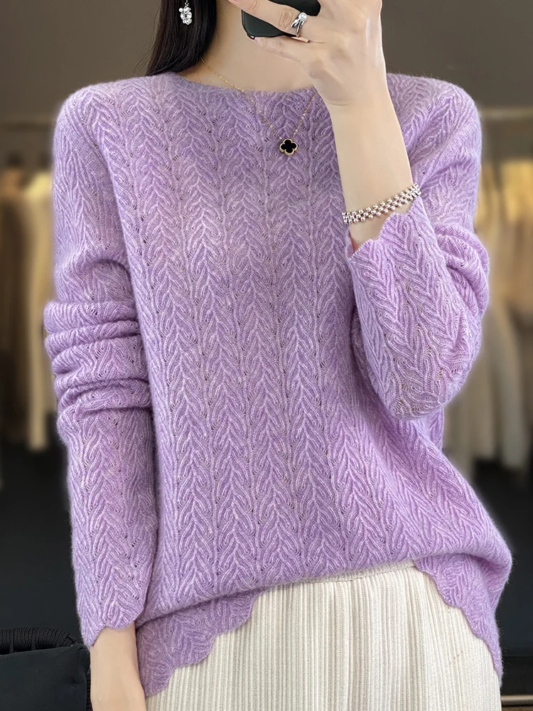 2024 New Women 100% Merino Wool O-Neck Pullover Cashmere Sweater Autumn Hollow Out Jumper Peacock Pattern Knitwear Tops