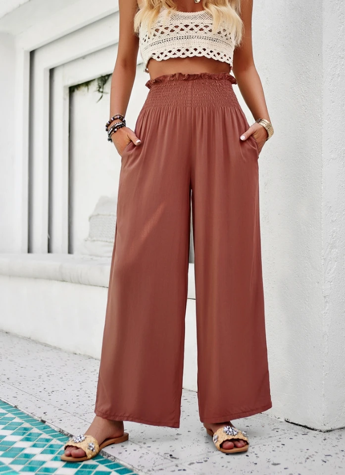 Women's Trousers Summer Fashion Basic Casual Loose Fit Solid Color Pocket Shirring Lace Trim High Waist Wide Leg Pants