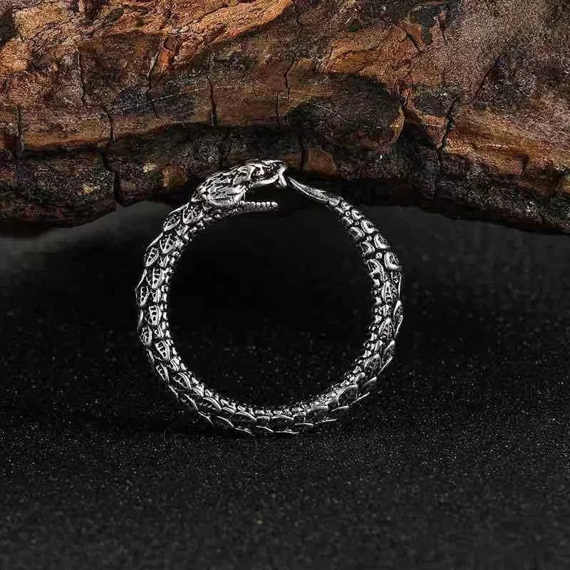 Gothic Vintage Silver Color Ouroboros Snake Rings for Men Women Adjustable Opening Punk Finger Ring Unisex Party Fashion Jewelry