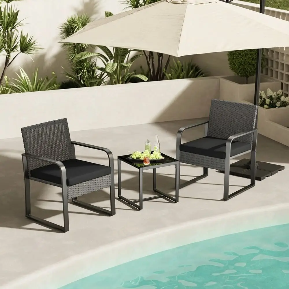 

3pcs Patio Set Outdoor Wicker Chairs,Rattan Metal Furniture Sets With Cushions And Glass Top Table, Rattan Furniture Sets For Ga