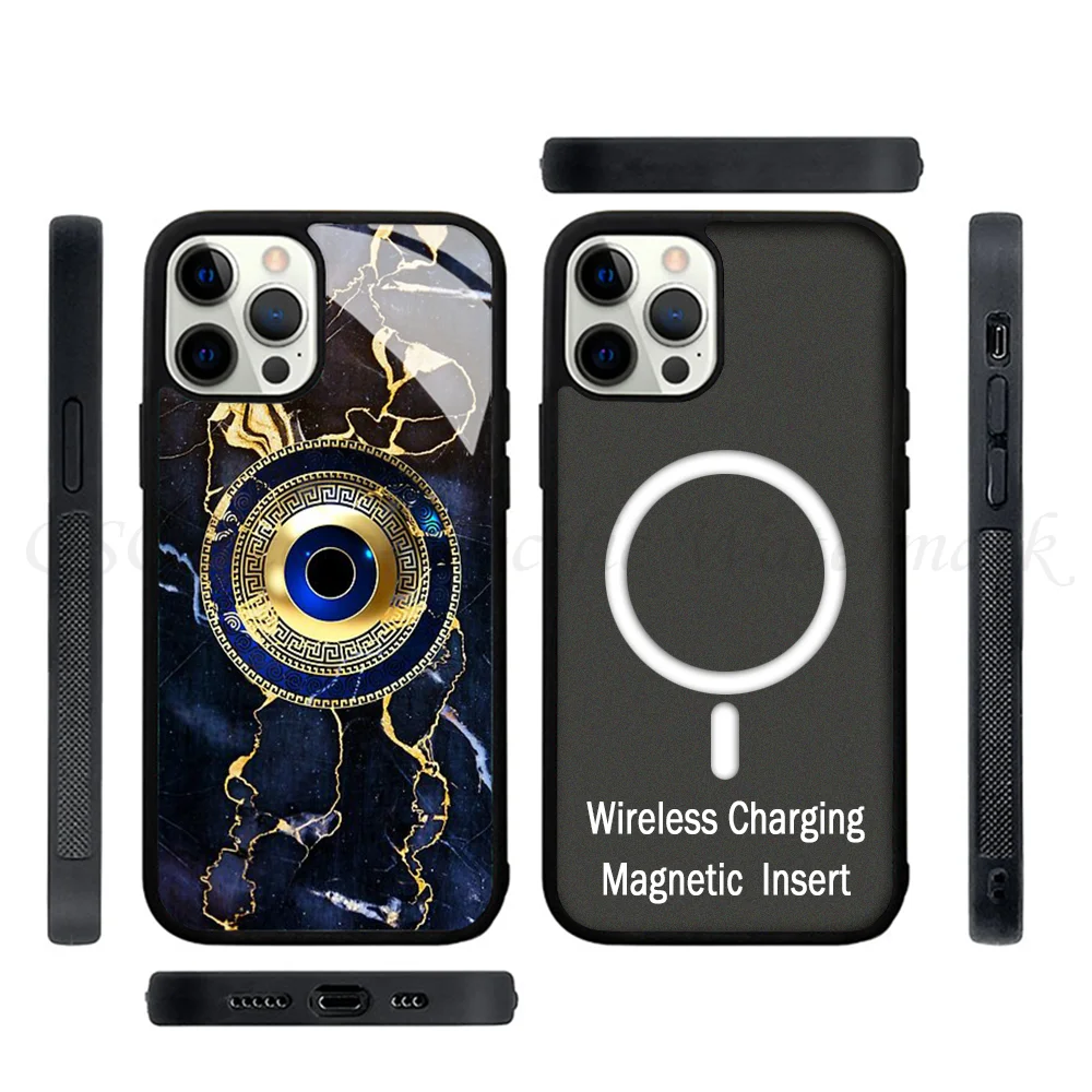 Mati Evil Eye Navy BlueGold Greek Key Gold Phone Case Strong Magnetic For IPhone 15 14 13 Pro Max 11 12 Mini Alex Mirror