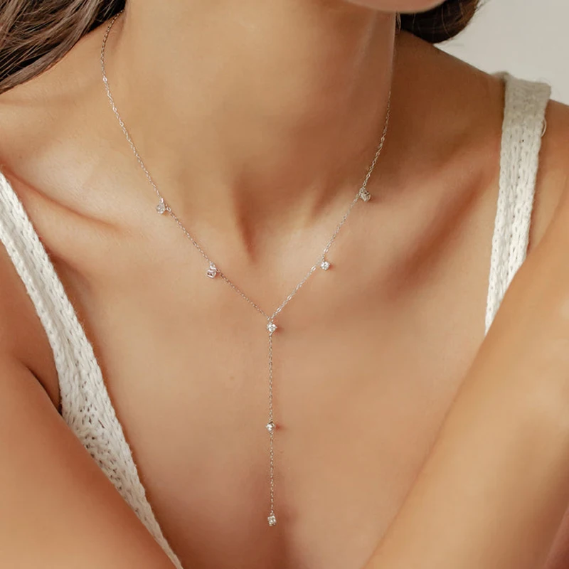 Anziw 3mm Moissanite Y Chain Naszyjnik 925 Sterling Silver Pozłacany długi wisiorek z frędzlami dla kobiet 2024 Modny prezent walentynkowy