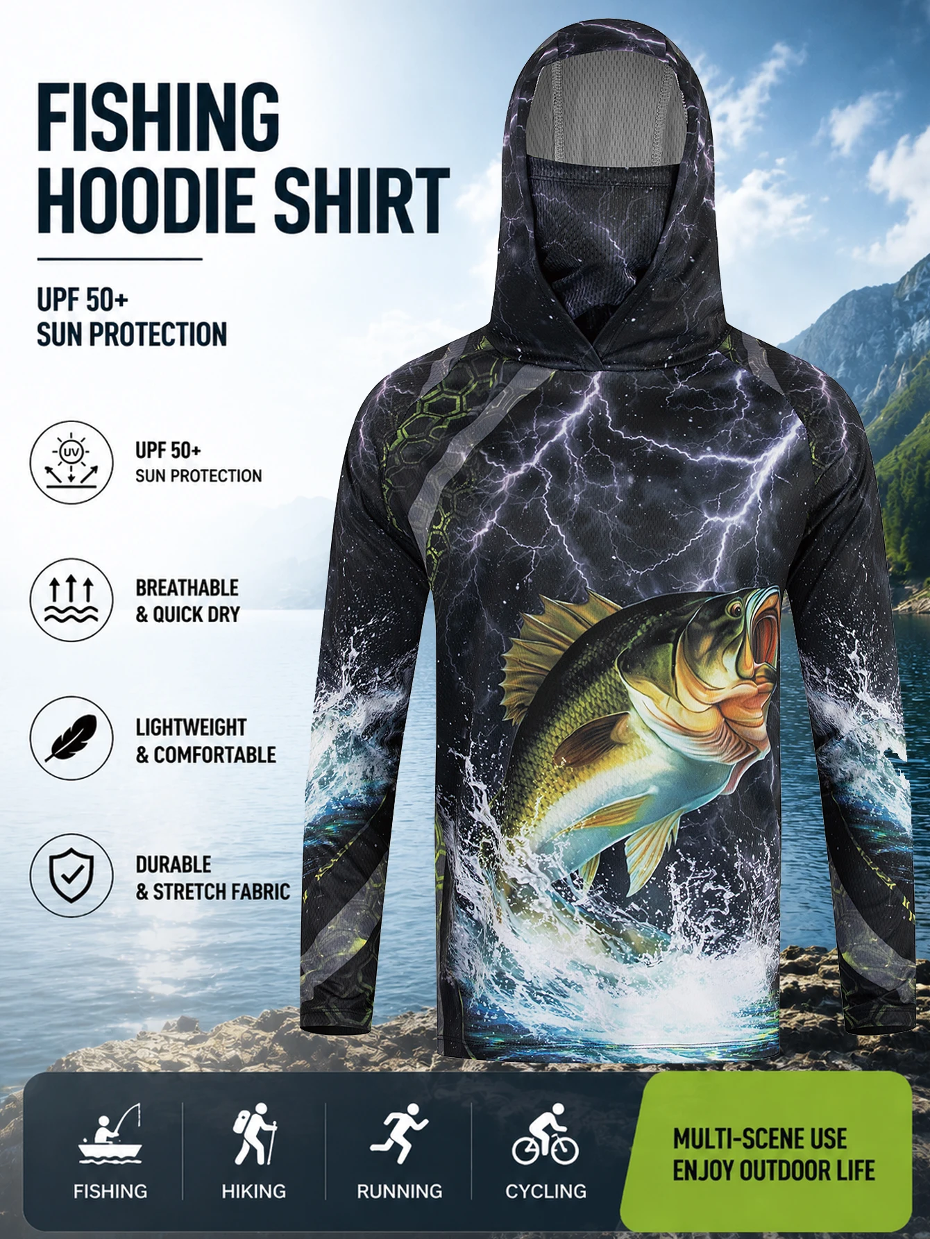 Limited Stock Men's UPF 50+ Fishing Hoodie With Neck Gaiter Quick Dry Long Sleeve Bass Graphic Outdoor Clothing