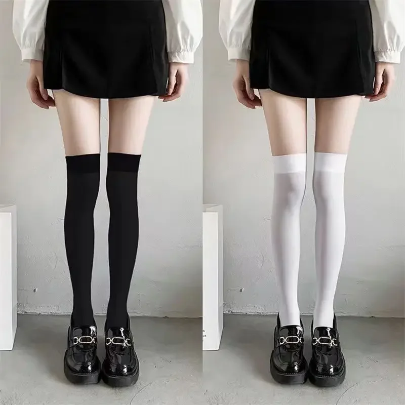 Stockings Summer Thin Thigh High Black White Socks Lolita Cute Solid Color Over the Knee White Stockings Socks