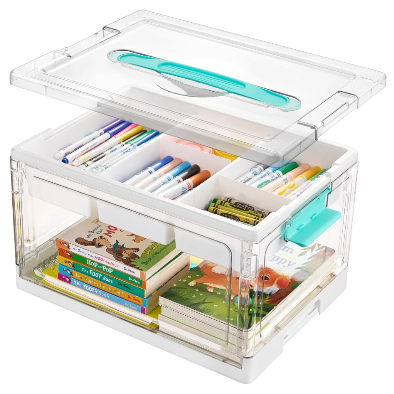 

Large Clear Storage Box Foldable Stackable Container with Hinged Lid for Handicraft Toy Art Crafts Sewing Storage Home Organizer