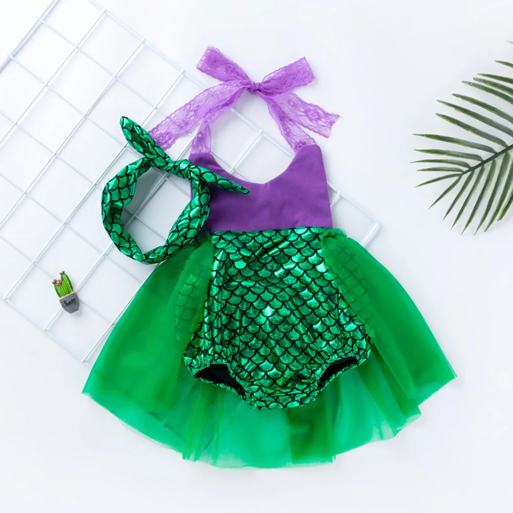 

Mermaid Print Romper Skirt Baby Girls Summer Outfit Lace Dress Newborn Suspenders Headband Outdoor Party Photo Shoot Gift Daily