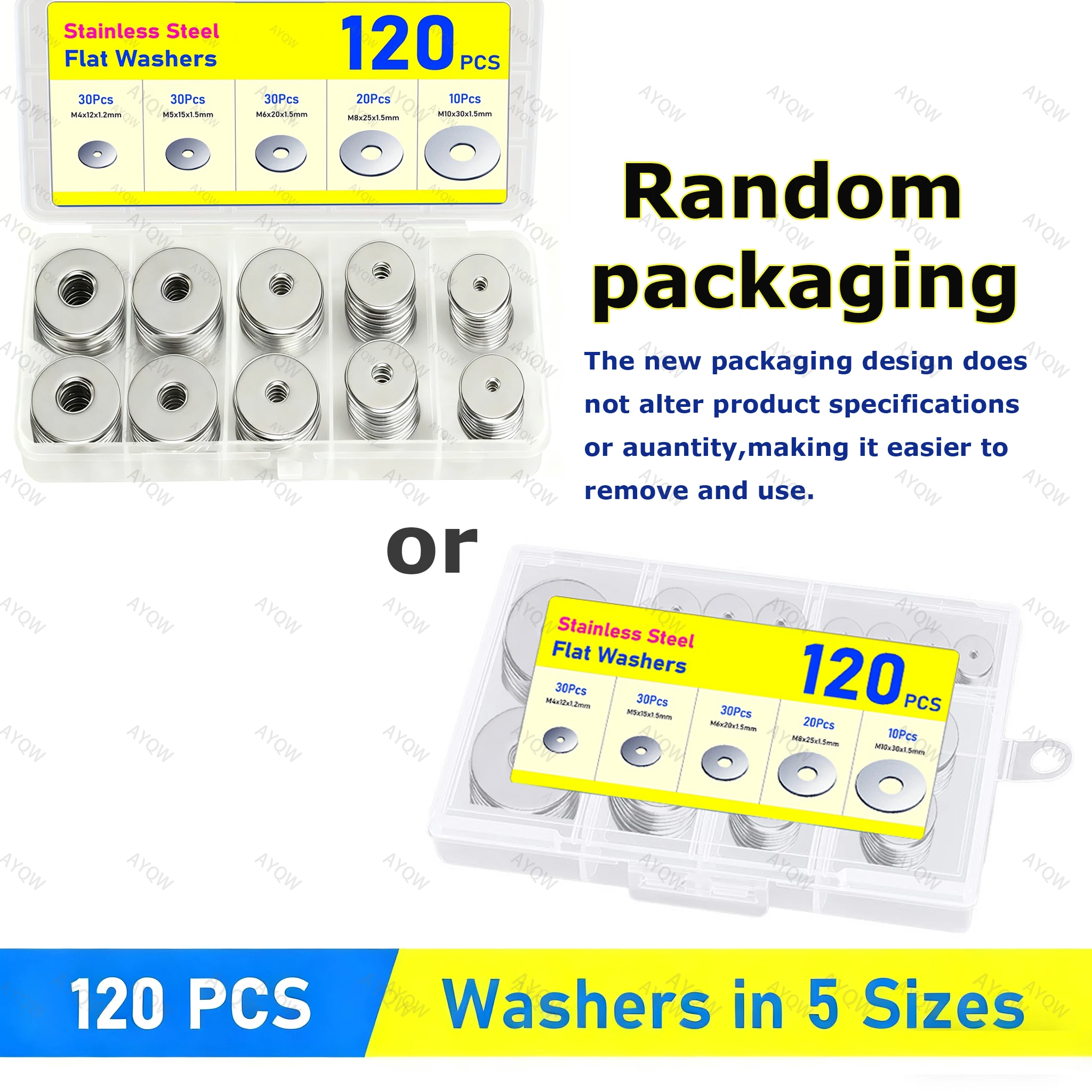 120PCS Washers for Screws, Stainless Steel Flat Washer Assortment with 5 Sizes M4 M5 M6 M8 M10, Metal Assorted Large Washer Set,