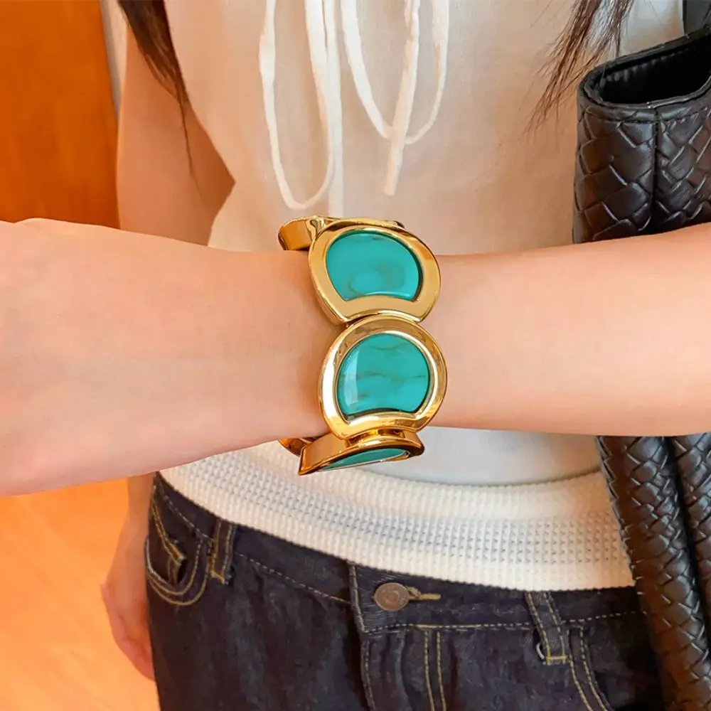 Gold Tone Alloy Acrylic Bracelet Geometric Links Stretch Fit Chunky Link Bracelet Translucent Panels Vintage Bangle