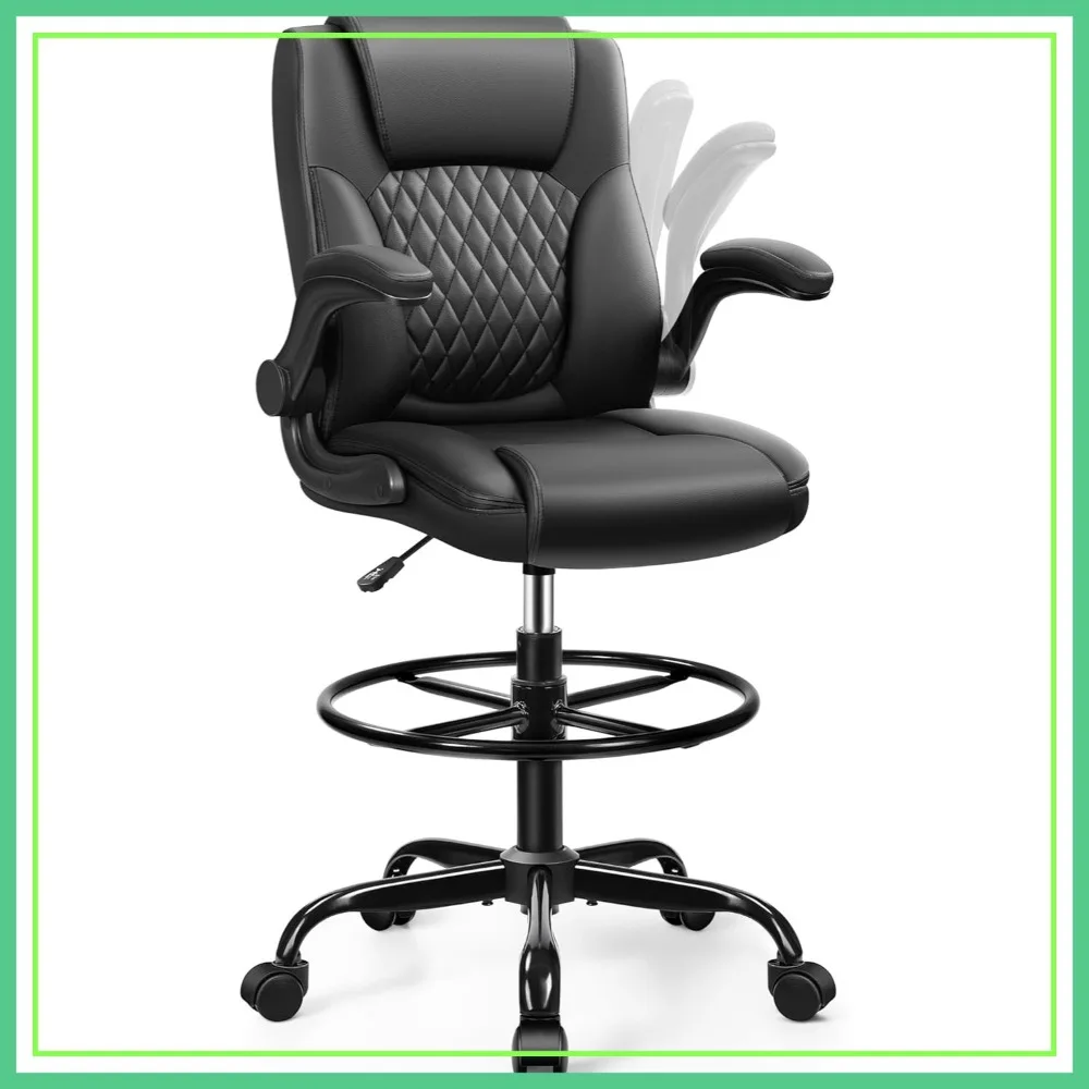 

Tall Drafting Chair for Standing Desk, High Back Ergonomic Leather Computer Chair with Adjustable Height and Flip-Up Armrest, Black