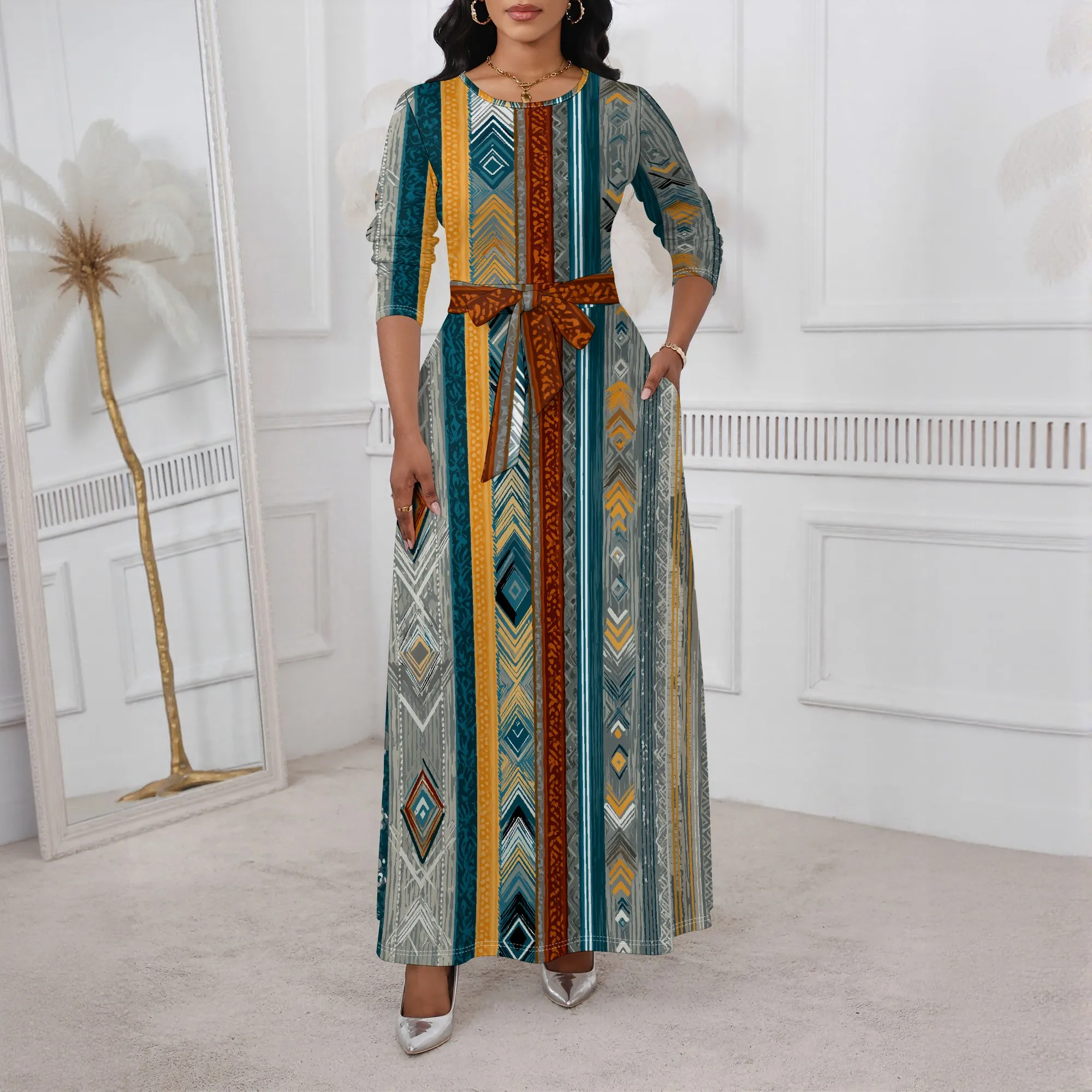 

Tribal Stripe Maxi Belted Dress XS-3XL Long Sleeve Style for Kwanzaa, African Festival or Afro Heritage Celebration Look