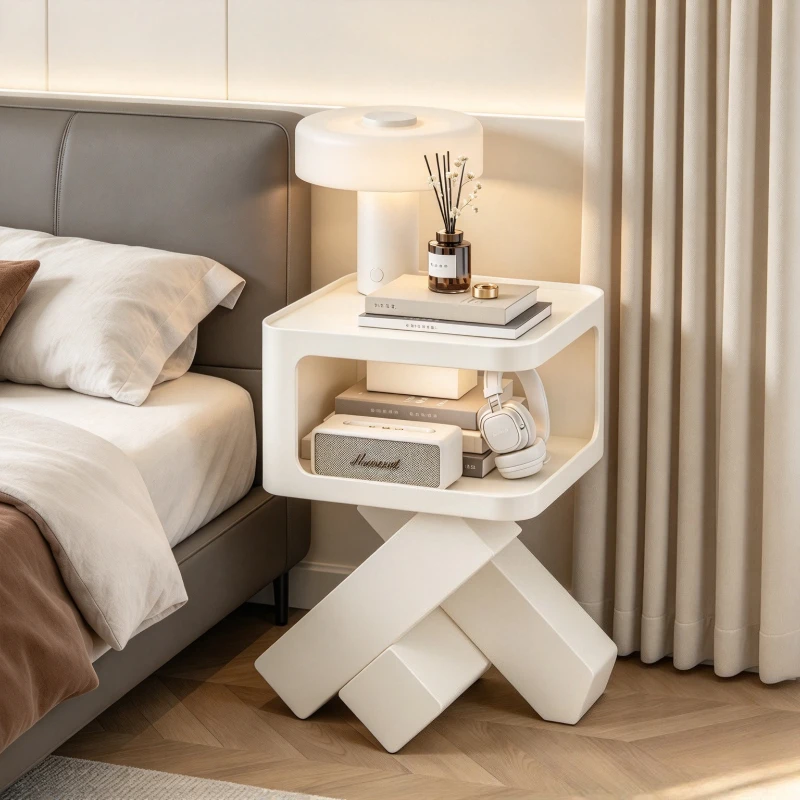 Nightstand Modern Minimalist Narrow Iron Side Table with Motion Sensor Light Bedroom Storage Shelf Chic Decor for Small Rooms