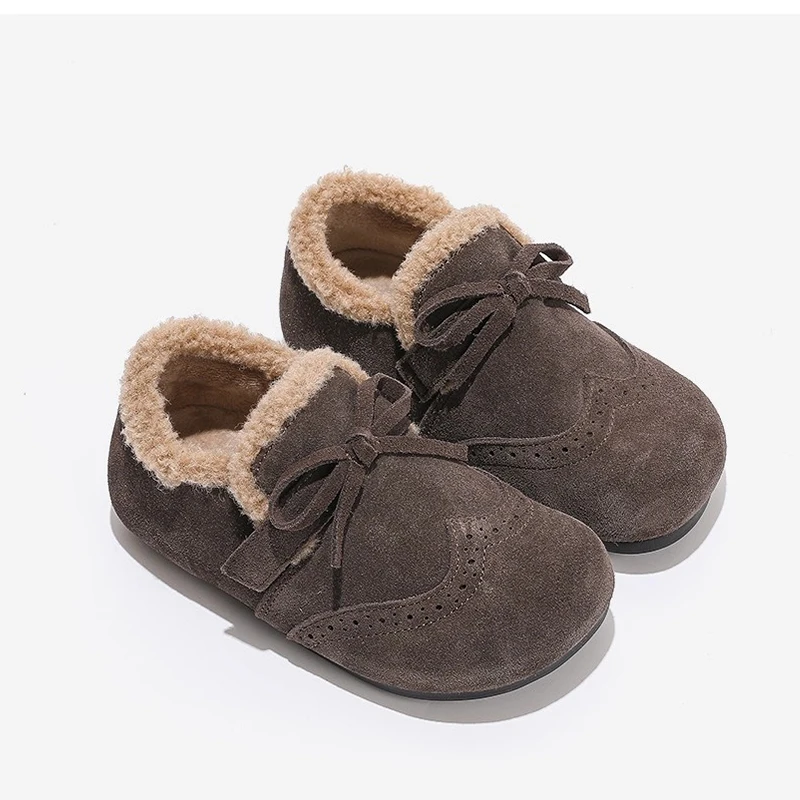 Warm Plush Round Toe Brogue Oxford Shoe Kid Girl Winter Fur School Shoe Baby Child Casual Slip-on Outdoor Flat Cotton Short Boot