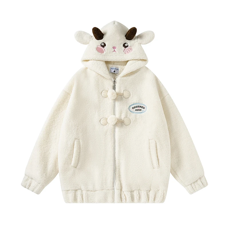 น่ารักสาวนุ่มLamb Horn HoodedแกะขนแกะHoodieสําหรับผู้หญิง2025สไตล์ใหม่เพิ่มขนแกะหนาหลวมเสื้อสําหรับนักเรียน