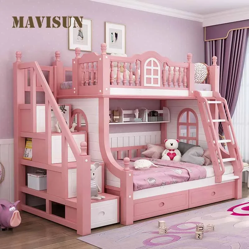 Litera de madera maciza de estilo nórdico para niños, cama de princesa, muebles multifuncionales de diseño para dormitorio