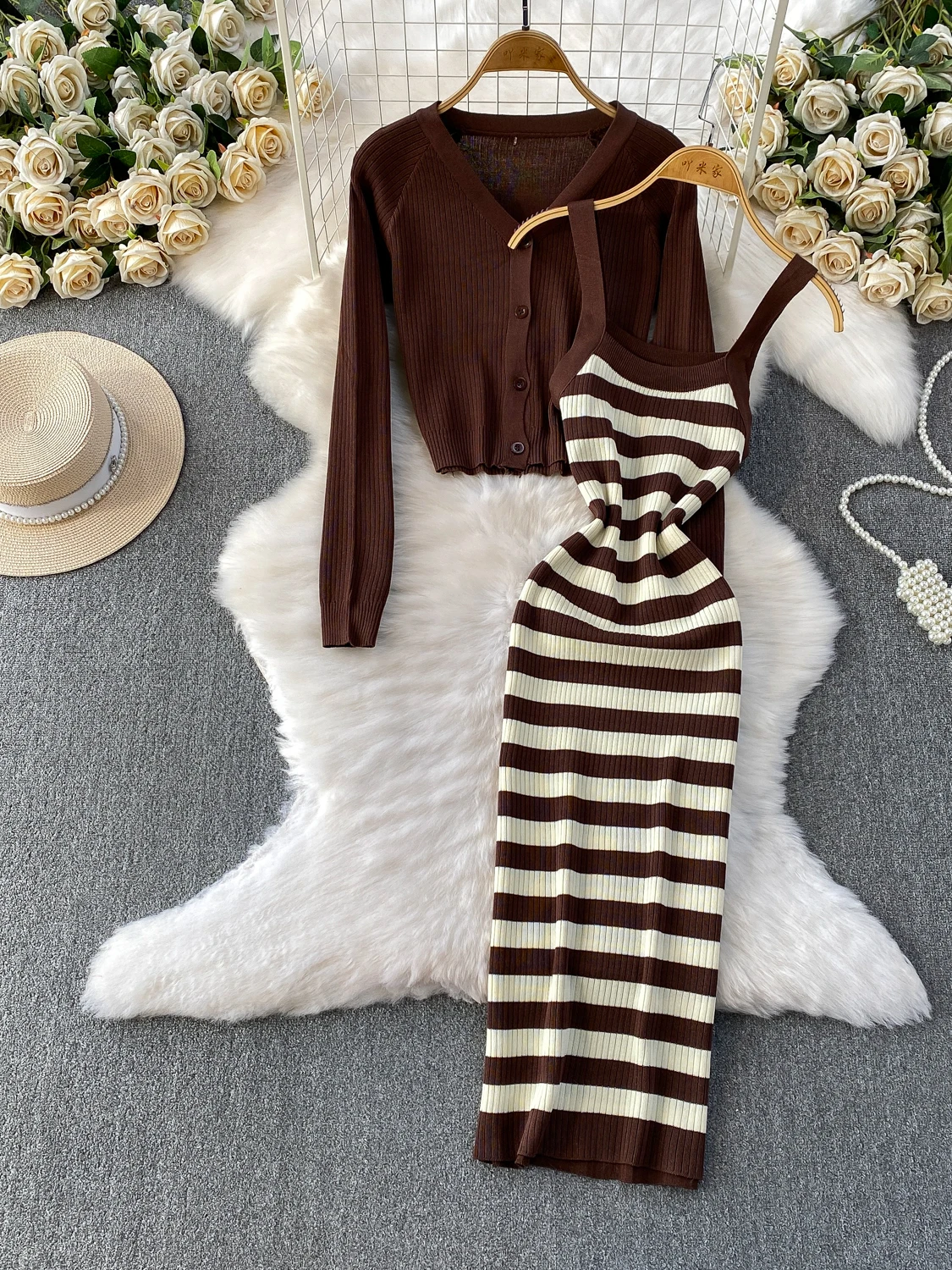 Early Autumn Korean Style V-Neck Knitted Jacket Slim Fit Striped Elastic Wrap Dress Set Gentle Fashion Quality Teen Girls Outfit