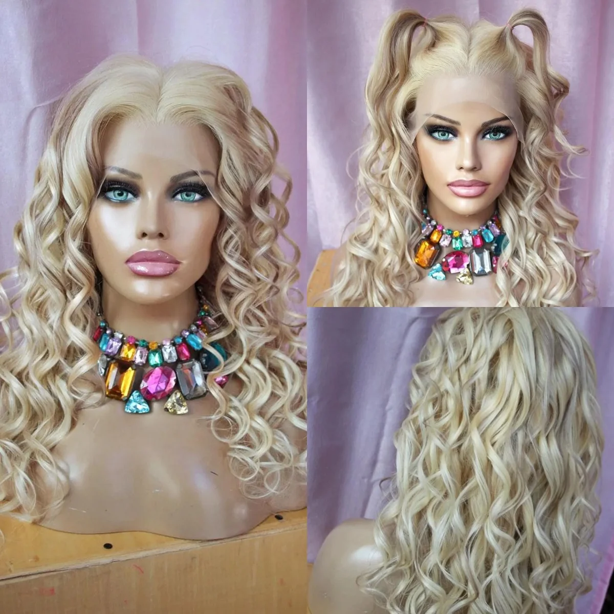 

Длинный глубокий вьющийся парик Белый блондин свободная волна Синтетический парик фронта шнурка для женщин Предварительно выщипанная линия волос Гладкий парик без узлов