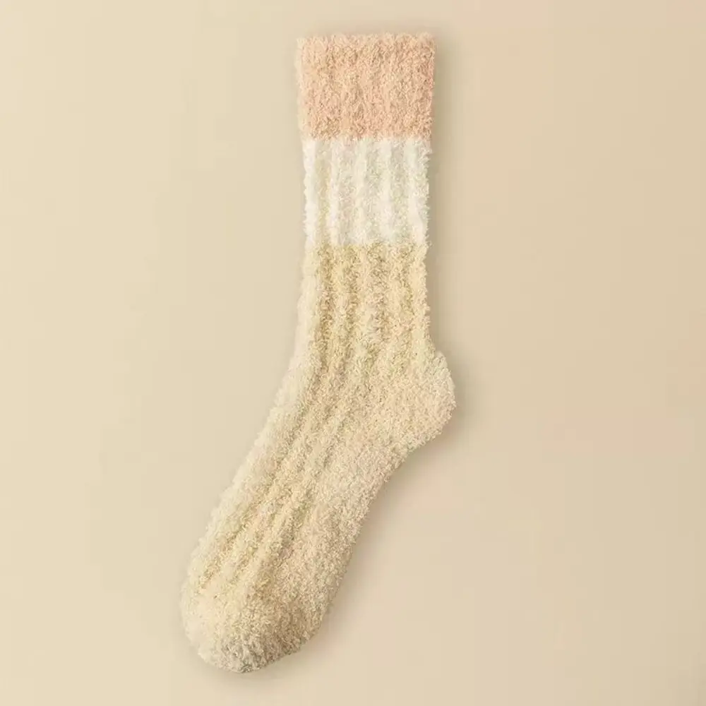 3Pairs Thickened Coral Fleece Socks Stripe Sleeping Floor Plush Socks Winter Simple Mid Tube Socks Women For Female Men