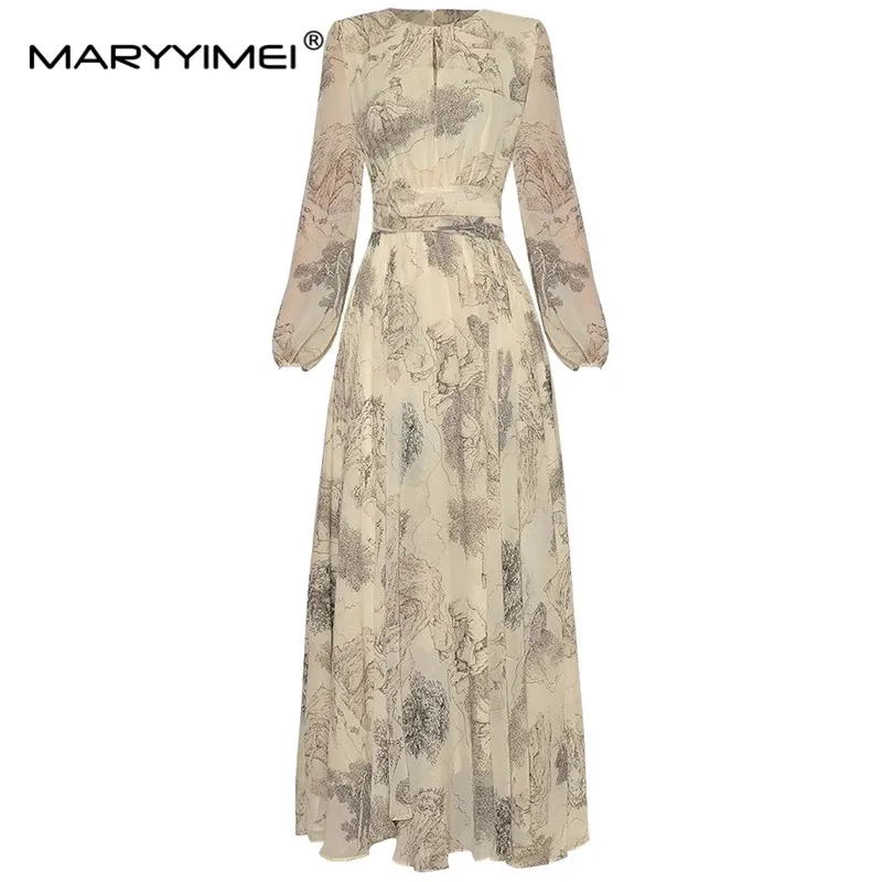 MARYYIMEI New Fashion Designer Women's 2024 Spring Round Neck Lantern Long-Sleeved High-Waisted Ball Gown Silk Printed Dress