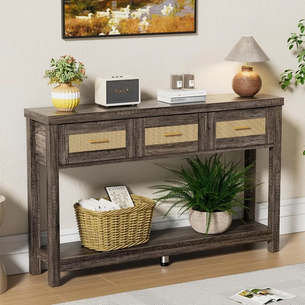 طاولة كونسول ضيقة من طبقتين على الطراز الصناعي مع 3 أدراج ورف تخزين للمدخل والأريكة #2