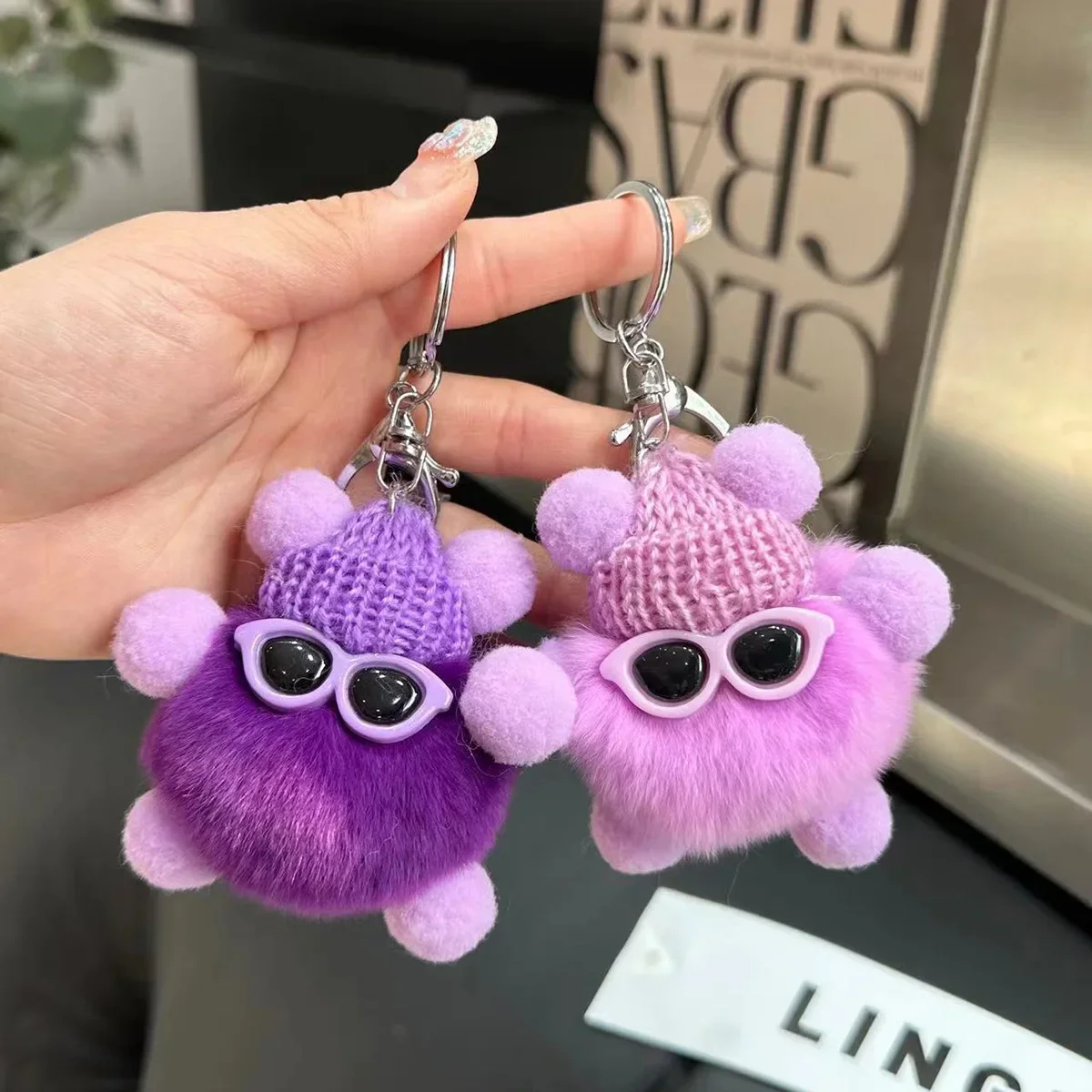 Cool Bunny Plush Keychain Fluffy Trinket Cute Rex Rabbit Hair Small Coal Ball Bag Hanging Pendant Car Key Rings Xmas Gifts