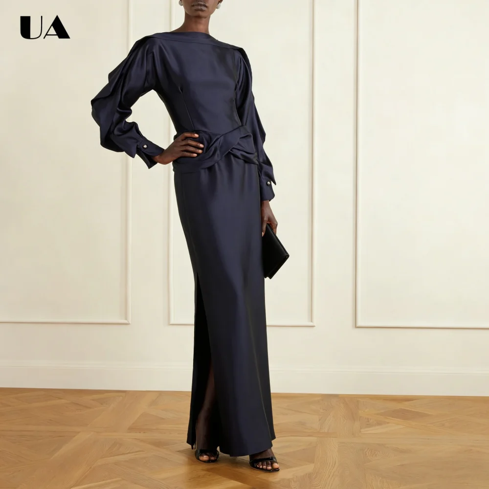 

ULBYANRY Customized Satin Straight Ruffled Prom Dresses for Women, Elegant Deep Boat Neck Evening Dress, Fashionable Party Dress