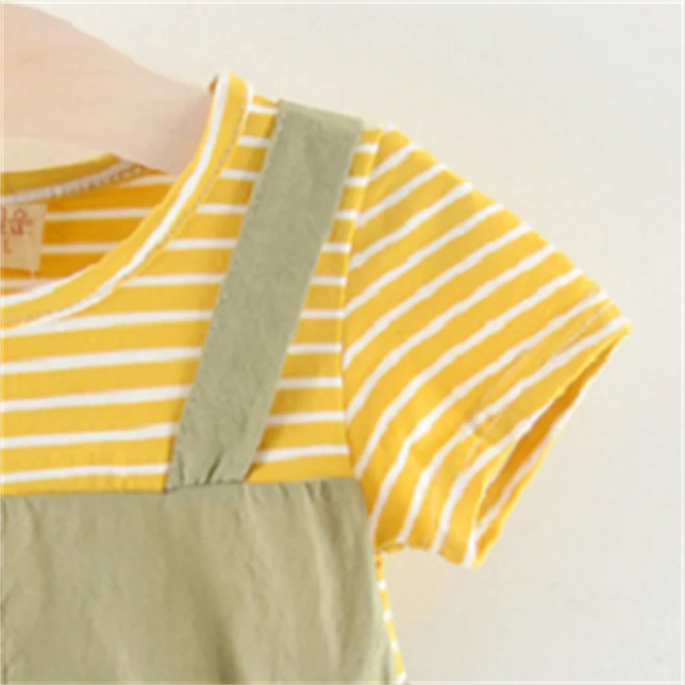 Summer girls short sleeved dress baby girl striped short sleeved solid color strap dress fake two pieces