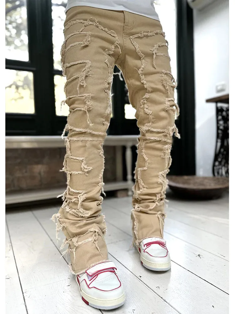 2023 New Streetwear Ripped Stretch Patch Jeans for Men high quality Straight Fit Long Jeans Fashion Men Clothes