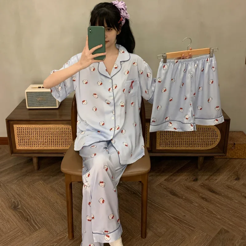 Sanrio Hello Kitty High-end Ice Silk Pajamas Girl Cartoon Cute Family Comfortable Casual Wear 3 Pieces Set Holiday Gifts