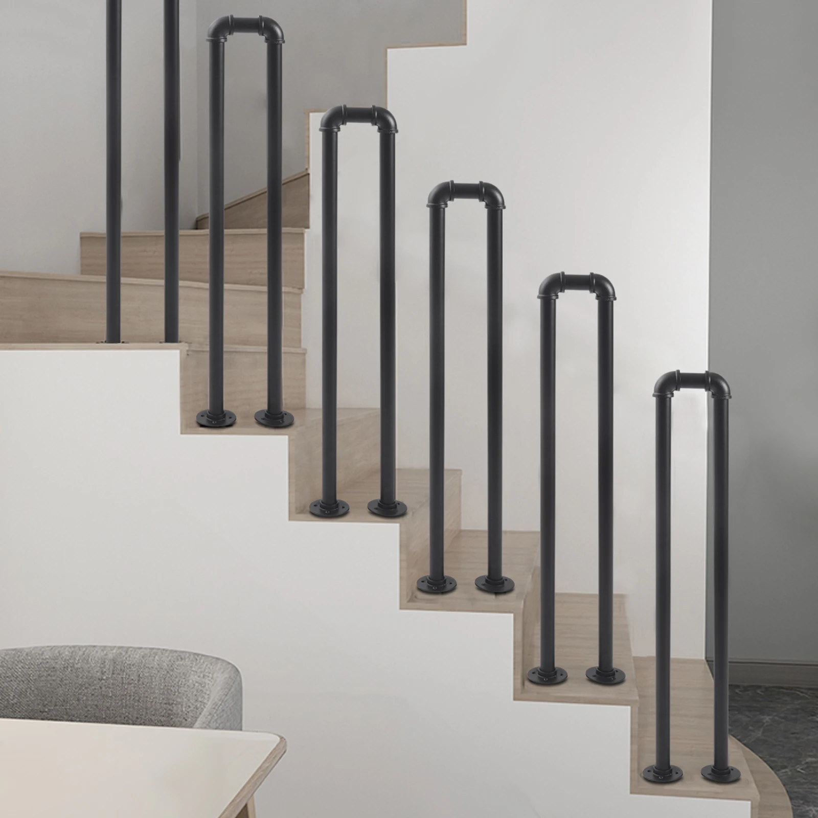 U-Shaped Industrial Railing, Non-Slip, Safety Handrail, Matte Black, Garden, Loft, Corridor, Villa, Hotel, Indoor or Outdoor