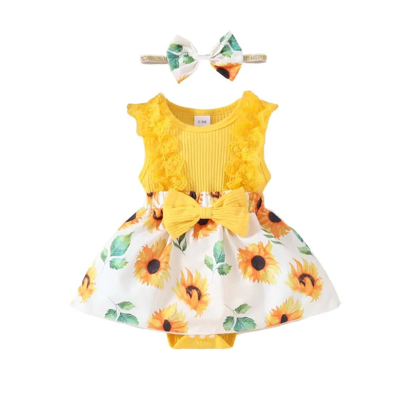 

Summer Baby Girl Clothes 0-18 Months Sleeveless Romper Dresses Lace Sunflower Print Jumpsuit With Hairband Infant Baby Outfits