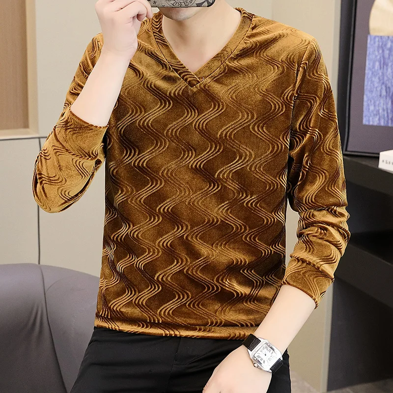 Luxury Velvet Jacquard V-neck Men's Sweatshirts Fashion Vintage Casual Slim Fit Long Sleeve Bottoming Shirt Tees Tops Streetwear