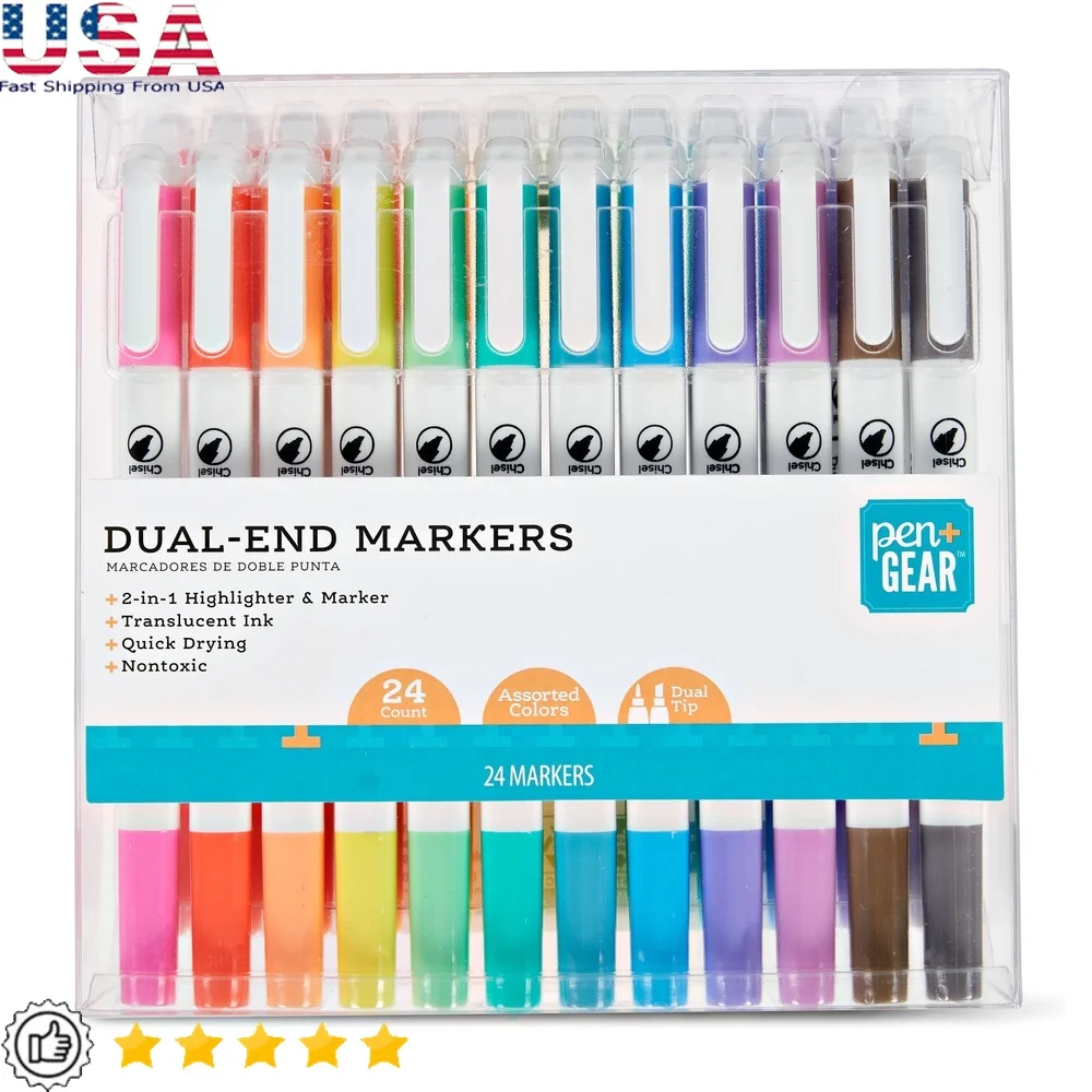 

24 Count Dual Tip Markers Chisel Fine Tip Quick Dry Nontoxic Translucent Ink Vibrant Colors Perfect Doodling Writing Coloring