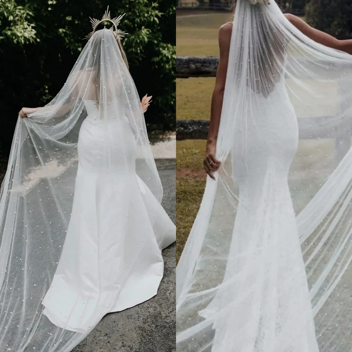 

Modern Wedding Veils Pearls Lace One Layer Cathedral Length Bride Veil Customized Bead Edge With Comb Bridal Accessories