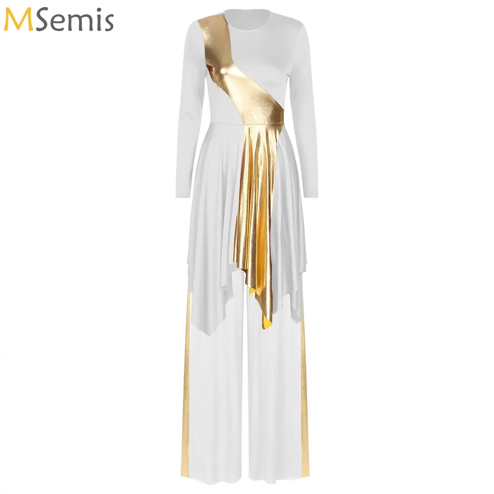 

Womens Church Worship Lyrical Dance Outfit Asymmetrical Hem Long Sleeve Metallic Praise Liturgical Dress with Wide-Leg Pants Set