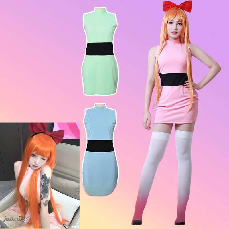 

Women Powerpuff Cosplay Girls Costume Dress Set Blossom Buttercup Bubbles Costume Dress With Belt Set Halloween Fancy Dress