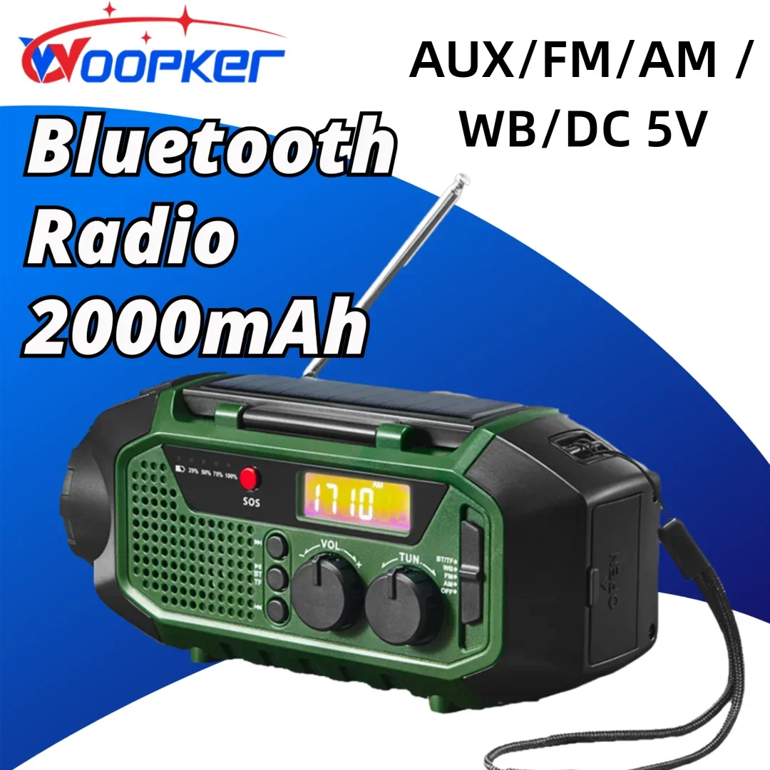 

Аварийное радио Woopker Bluetooth 5,0, 2000 мАч, солнечная рукоятка, USB-зарядка, FM/AM/WB, AUX фонарик, подходит для кемпинга на открытом воздухе